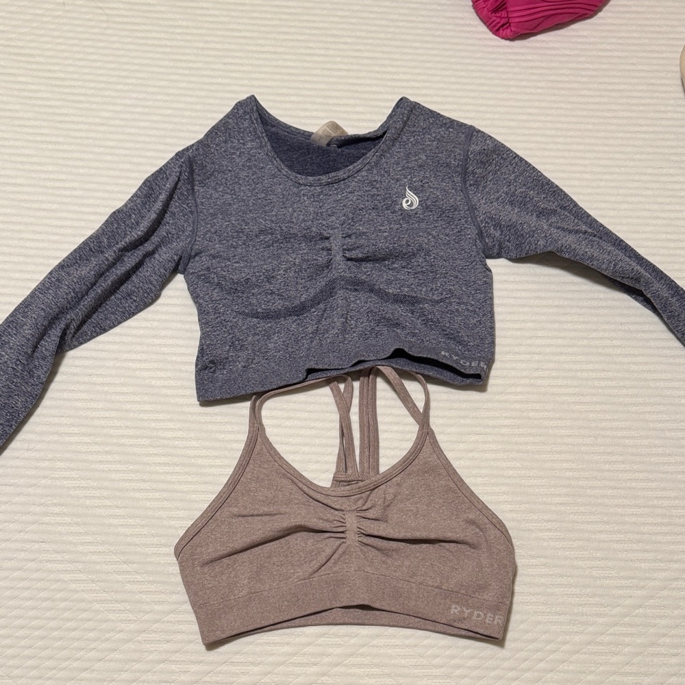 Ryderwear Heather Blue Cropped Long Sleeve & Taupe Strappy Sports Bra Set